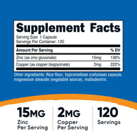 Thumbnail for Nutricost Zinc + Copper Capsules (120 Servings)(15MG Zinc + 2MG Copper Per Serving) - Non GMO, Vegetarian