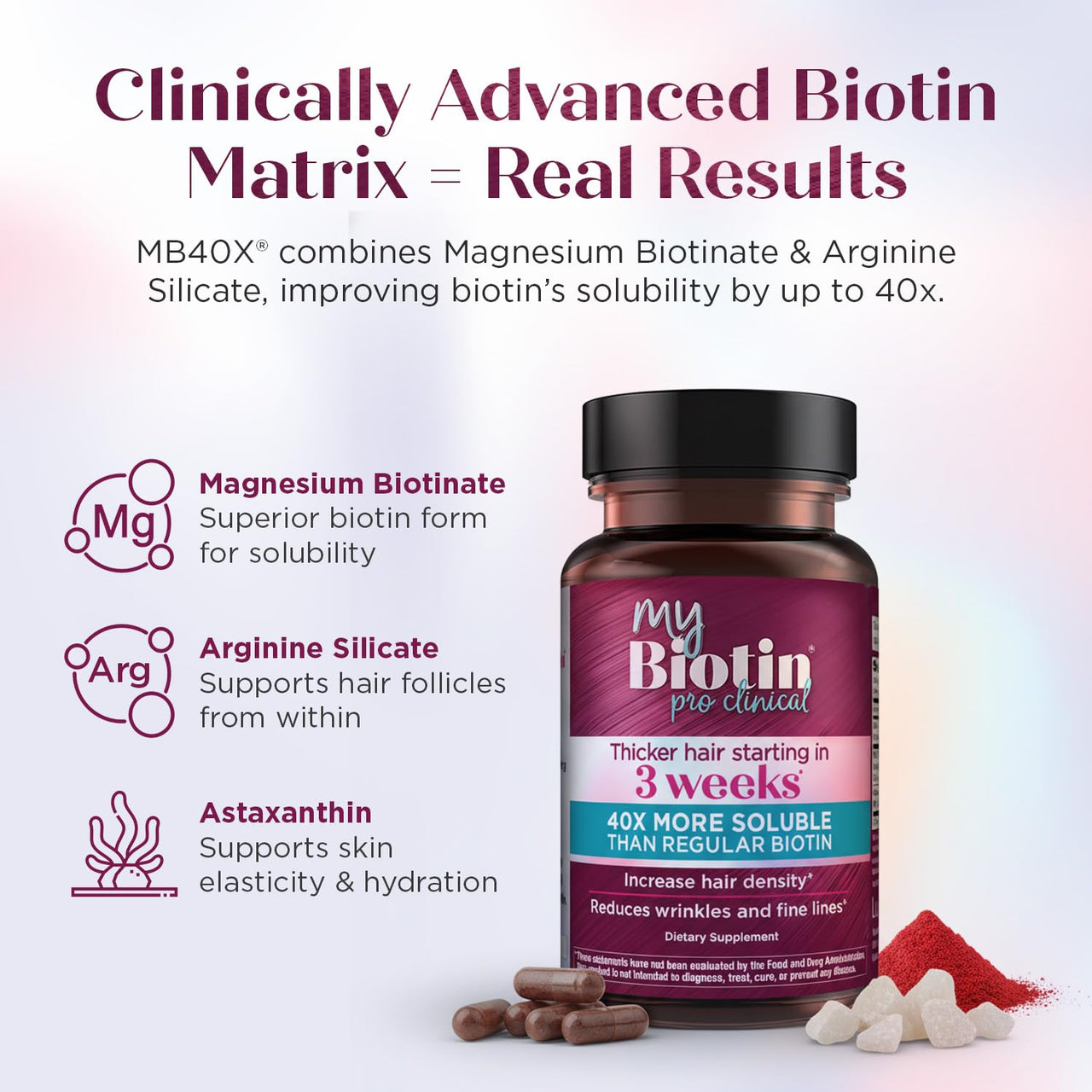Purity Products MyBiotin ProClinical – Thicker Hair Starting in 3 Weeks & Fights Wrinkles - MB40X Patented Biotin Vitamin B7 Matrix w/Astaxanthin - 40X More Soluble vs Ordinary Biotin, 30 Veg Capsules