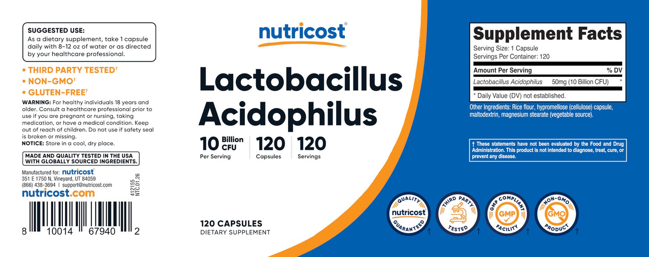 Nutricost Lactobacillus Acidophilus 10 Billion CFU, 120 Vegetarian Capsules