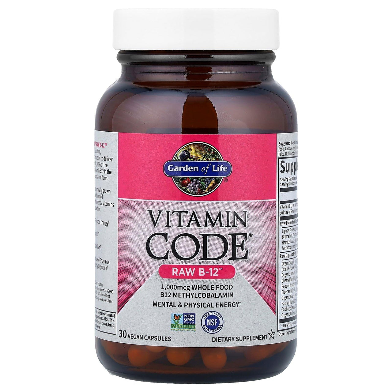 Garden of Life Vitamin Code Raw B-12 - 30 Capsules, 1,000mcg Whole Food B12 Methylcobalamin for Energy, Vegan Methylcobalamin Vitamin plus Probiotics and Enzymes, Gluten Free Supplements