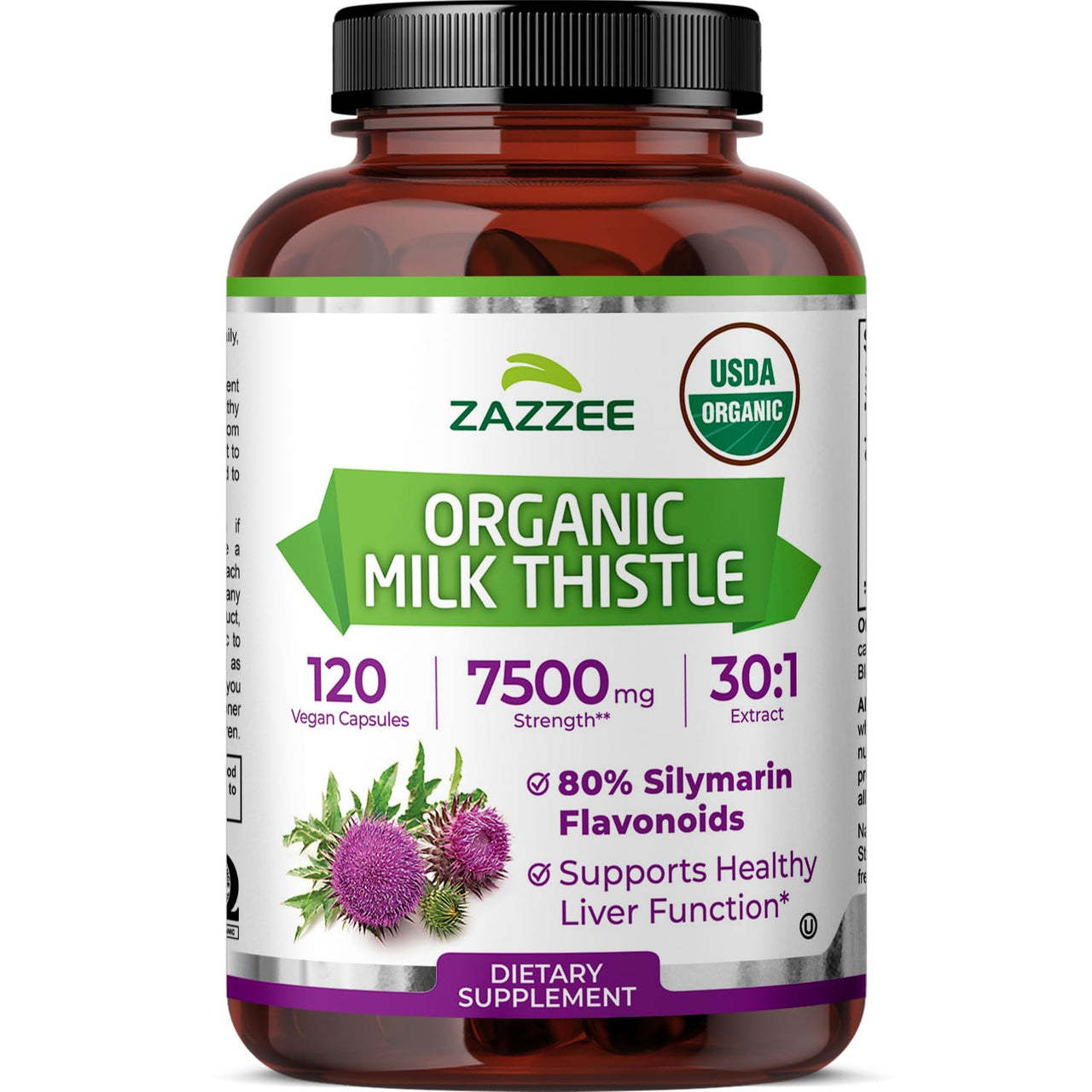 Zazzee USDA Organic Milk Thistle Extract 30:1, 80% Silymarin, 7500 mg Equivalent, 120 Vegan Capsules, Certified Kosher, High Potency Liver Support Supplement, Antioxidant Support, Non-GMO, Made in USA