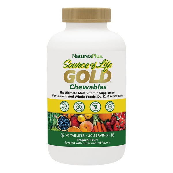 NaturesPlus Source of Life GOLD Chewables - 90 Vegetarian Tablets - Tropical Fruit Flavor - Whole Food Multivitamin Supplement - Gluten Free - 30 Servings