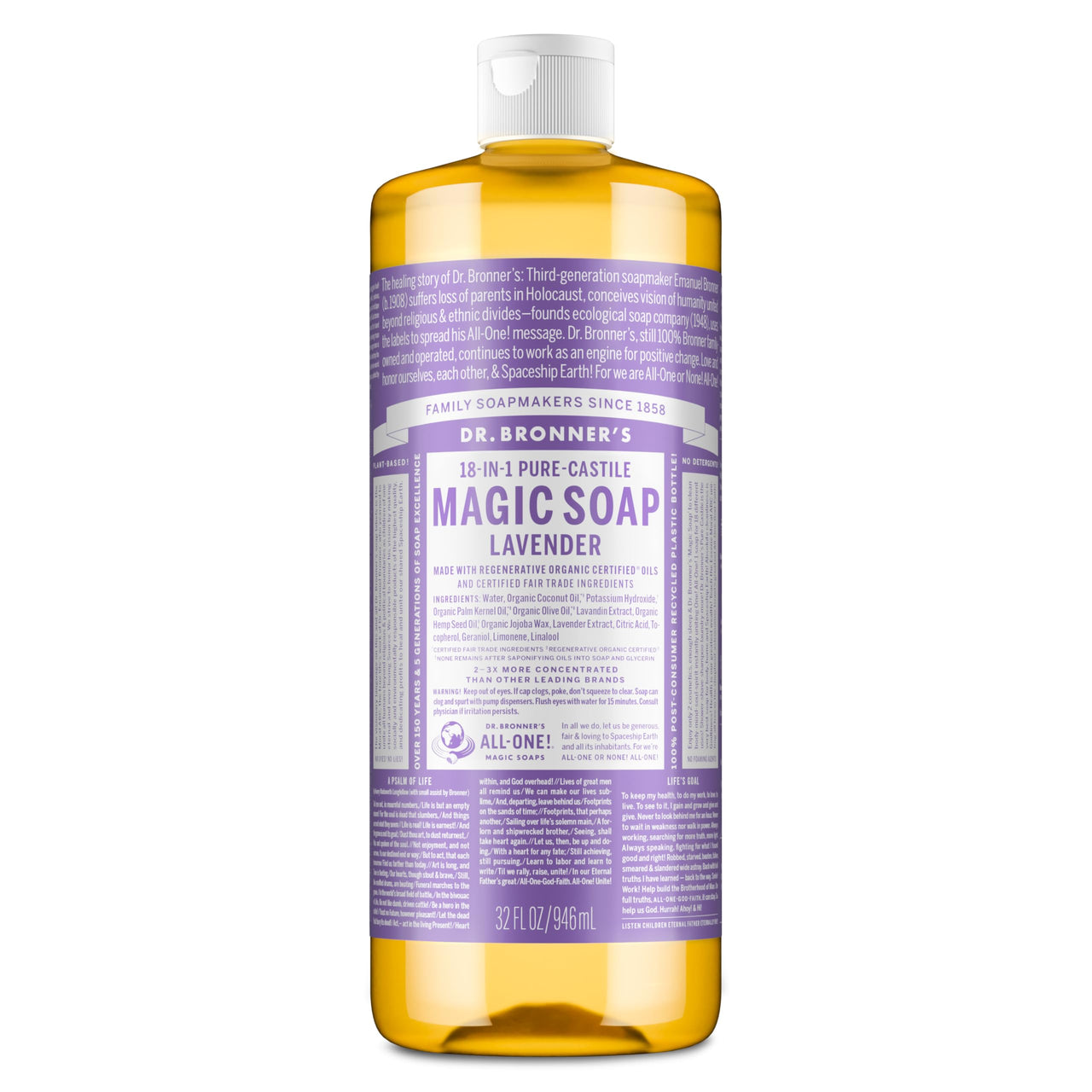 Dr. Bronner's Pure-Castile Liquid Soap, Made with Organic Oils, 18-in-1 Uses: Face, Body, Hair, Laundry, Pets and Dishes, Concentrated, Vegan, Non-GMO, Lavender, 32 Oz
