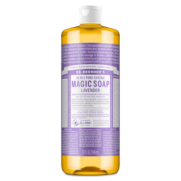 Dr. Bronner's Pure-Castile Liquid Soap, Made with Organic Oils, 18-in-1 Uses: Face, Body, Hair, Laundry, Pets and Dishes, Concentrated, Vegan, Non-GMO, Lavender, 32 Oz
