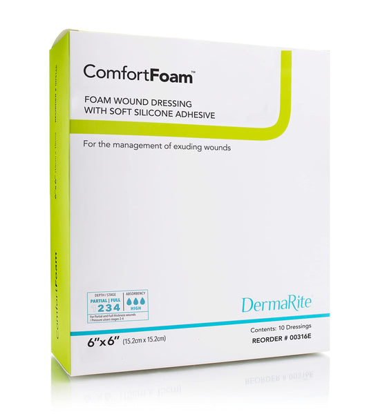 ComfortFoam Foam Wound Dressing, 6” x 6”, 10 Pack, Soft Silicone Adhesive, Highly Absorbent, Latex Free, Self-Adherent, Flexible, Cut to Fit