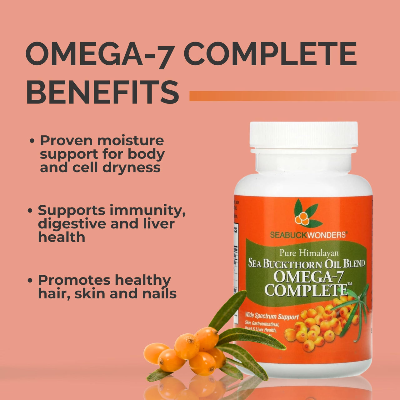SEABUCKWONDERS Organic Sea Buckthorn Oil Omega-7 Complete, 120 Softgels, 60 Day Supply, with Omega 3, 6 & 9, Supports Hair, Skin & Nails, 100% Pure with Zero Filler Oil