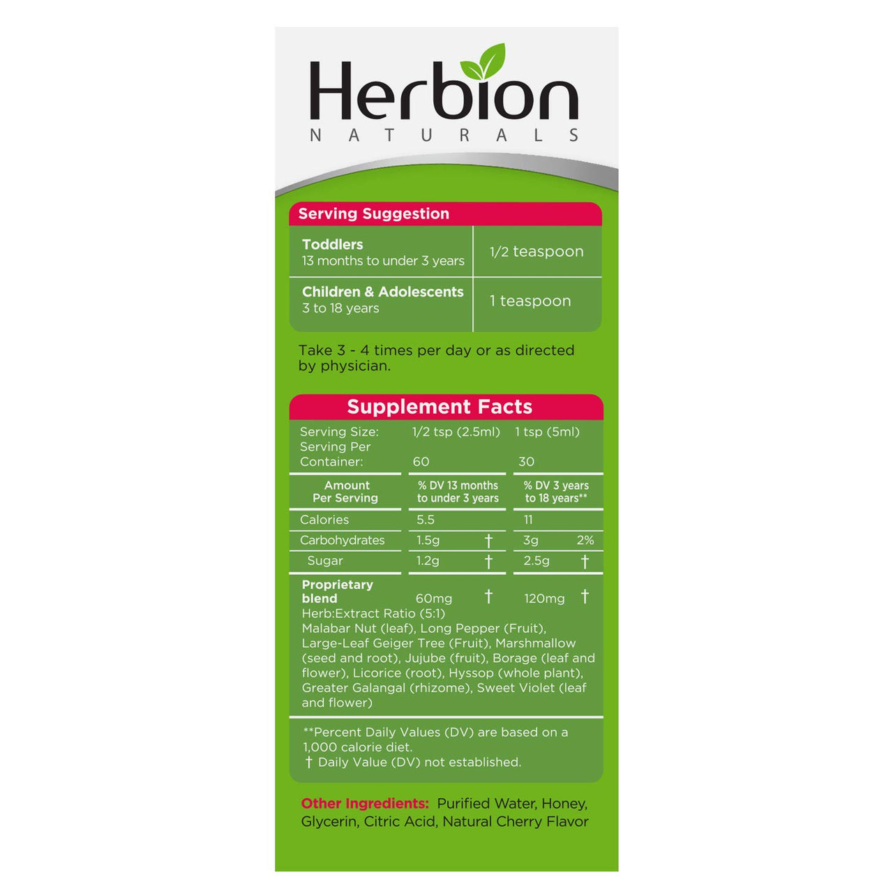 HERBION Naturals Cough Syrup for Children with Natural Honey and Cherry Flavor, Helps Relieves Cough, Promotes Healthy Lung Function, Immunity, for Kids 11 Months+, 5 Fl Oz, Pack of 1
