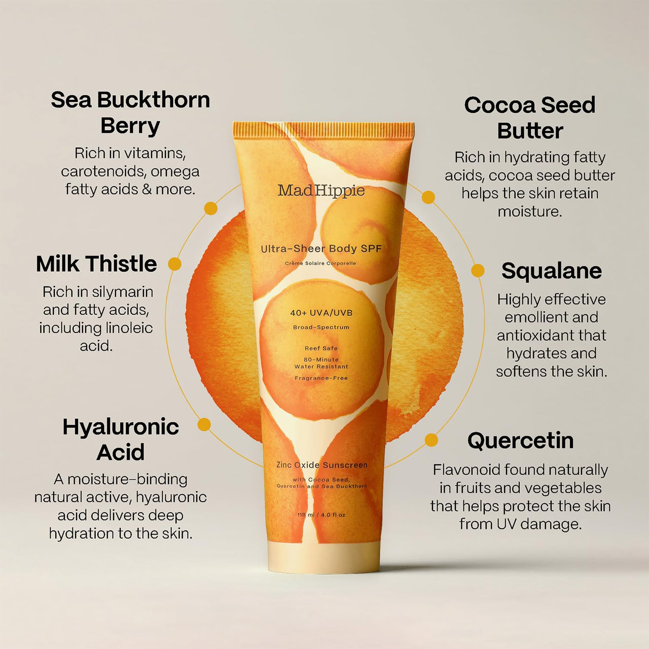 Mad Hippie Body Sunscreen SPF 40, Ultra Sheer Mineral Lotion with Zinc Oxide, Antioxidant Sun Protection, Fragrance-Free, Reef Safe, 4 Oz