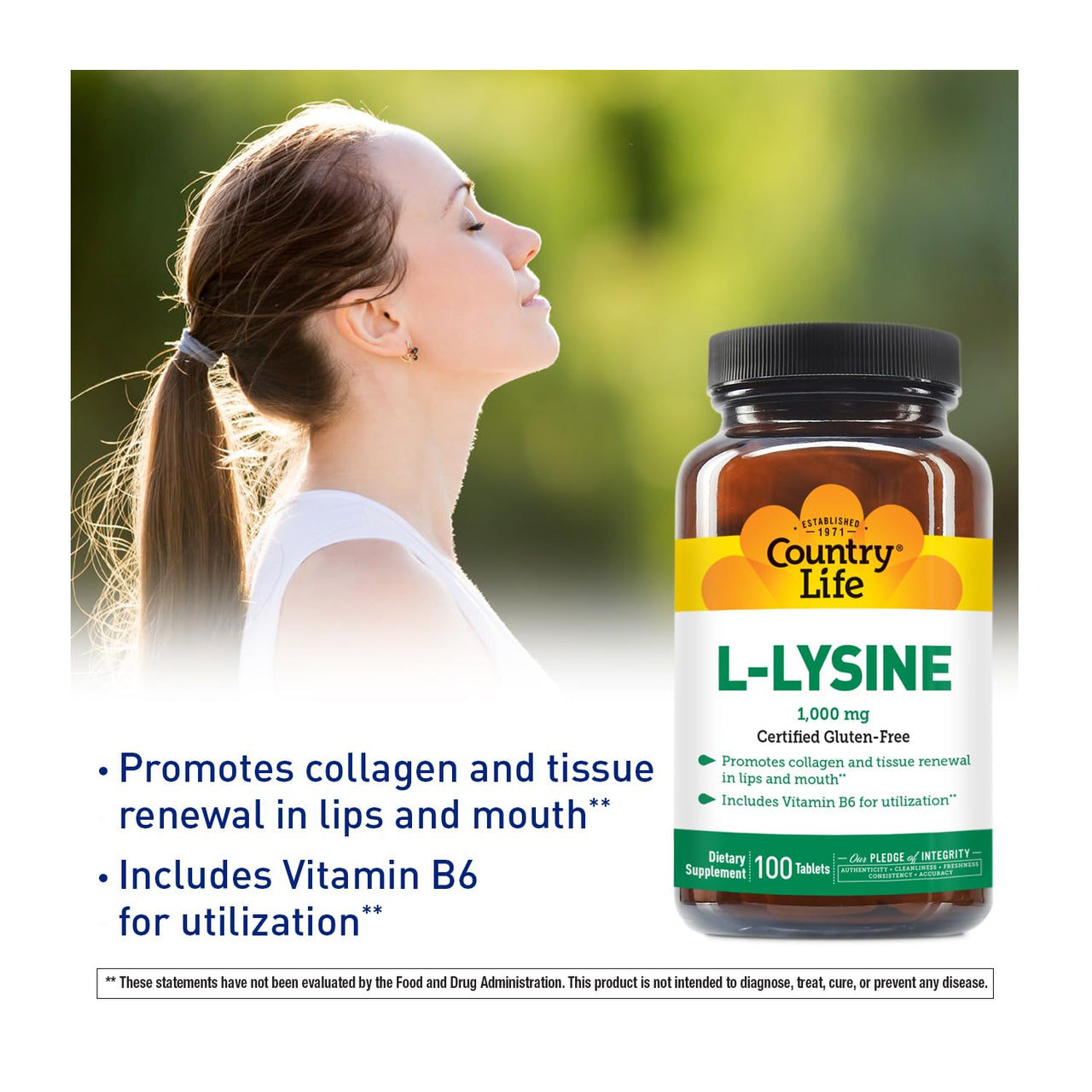 Country Life L-Lysine 1000mg with B-6, Supports Immune Health, Promotes Collagen Renewal in Lips and Mouth, 100-Count, Certified Gluten Free, Certified Vegan