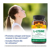 Thumbnail for Country Life L-Lysine 1000mg with B-6, Supports Immune Health, Promotes Collagen Renewal in Lips and Mouth, 100-Count, Certified Gluten Free, Certified Vegan