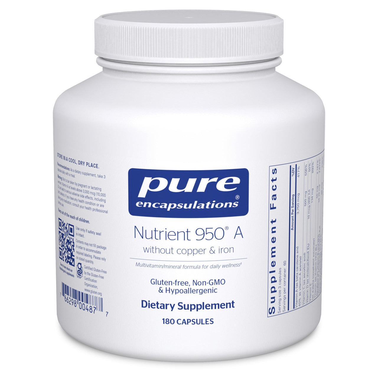 Pure Encapsulations Nutrient 950 A Without Copper & Iron | Hypoallergenic Multi-Vitamin/Mineral Formula for Optimal Health* | 180 Capsules