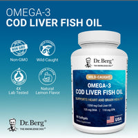 Thumbnail for Dr. Berg Omega-3 Cod Liver Fish Oil 60 Softgels – Wild-Caught Icelandic Cod – Omega 3 EPA & DHA – Heart, Brain, Immune & Eye Support* – Lemon Flavor – 4X Lab-Tested – Non-GMO, No Fillers