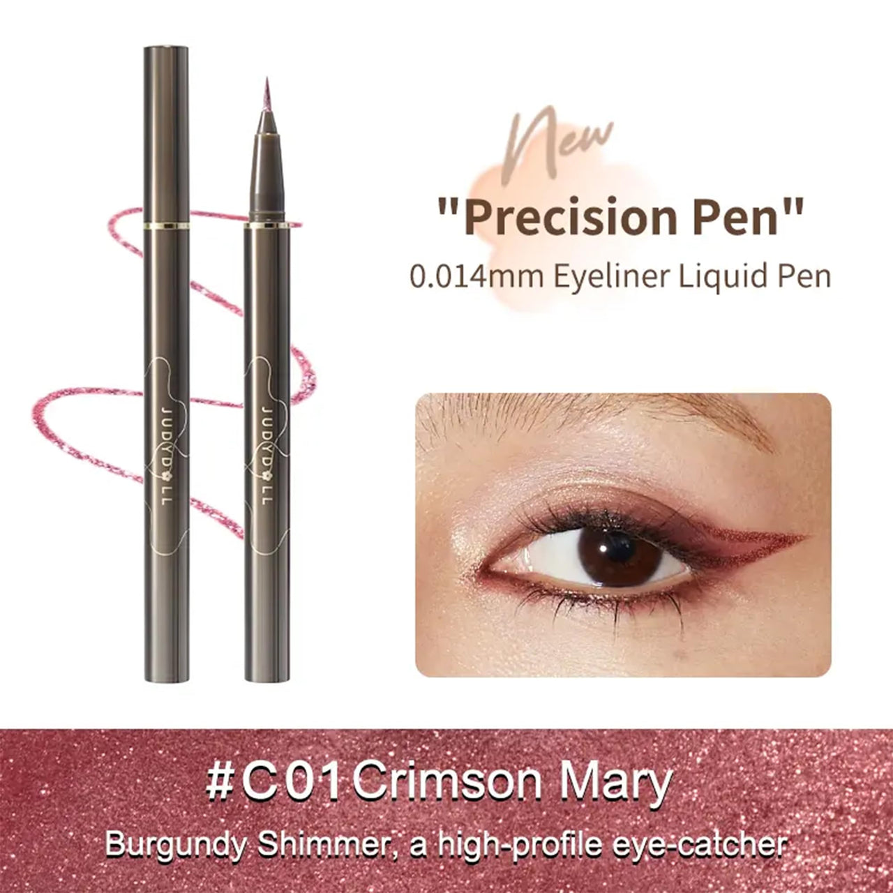 Judy Doll Liquid Eyeliner, Halloween Ultra Fine Liquid Eyeliner Waterproof with Smooth Strong Fibres, Smudge-proof, Longwearing, Smooth Eye Liners with Ultra-Fine Tip (#C01 Crimson Mary)