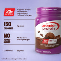 Thumbnail for Premier Protein Powder, Chocolate Milkshake, 30g Protein, No Added Sugar, 100% Whey Protein, Keto Friendly, Soy & Gluten Free, 24.5 oz (17 Servings)