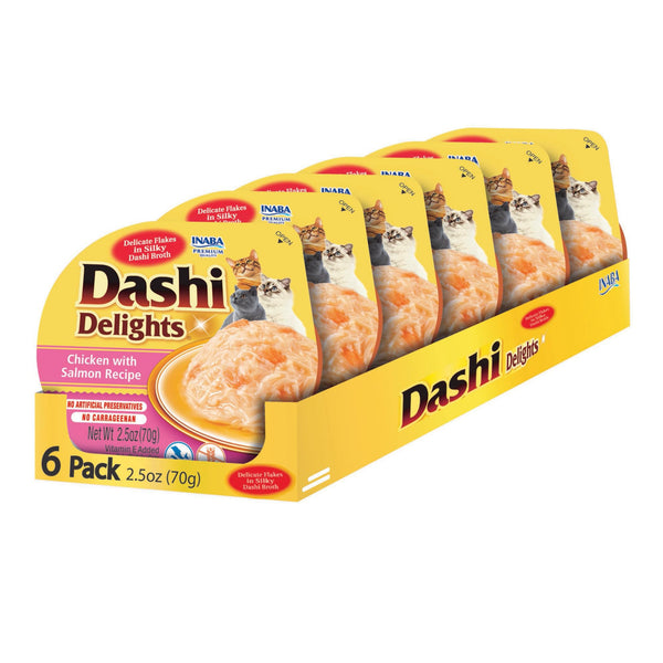 INABA Dashi Delights for Cats, Shredded Chicken Side Dish with Bonito Flake Broth, Cat Food Complement with Taurine & Green Tea Extract, 2.5 Ounce Cup, 6 Cups Total, Chicken with Salmon Recipe