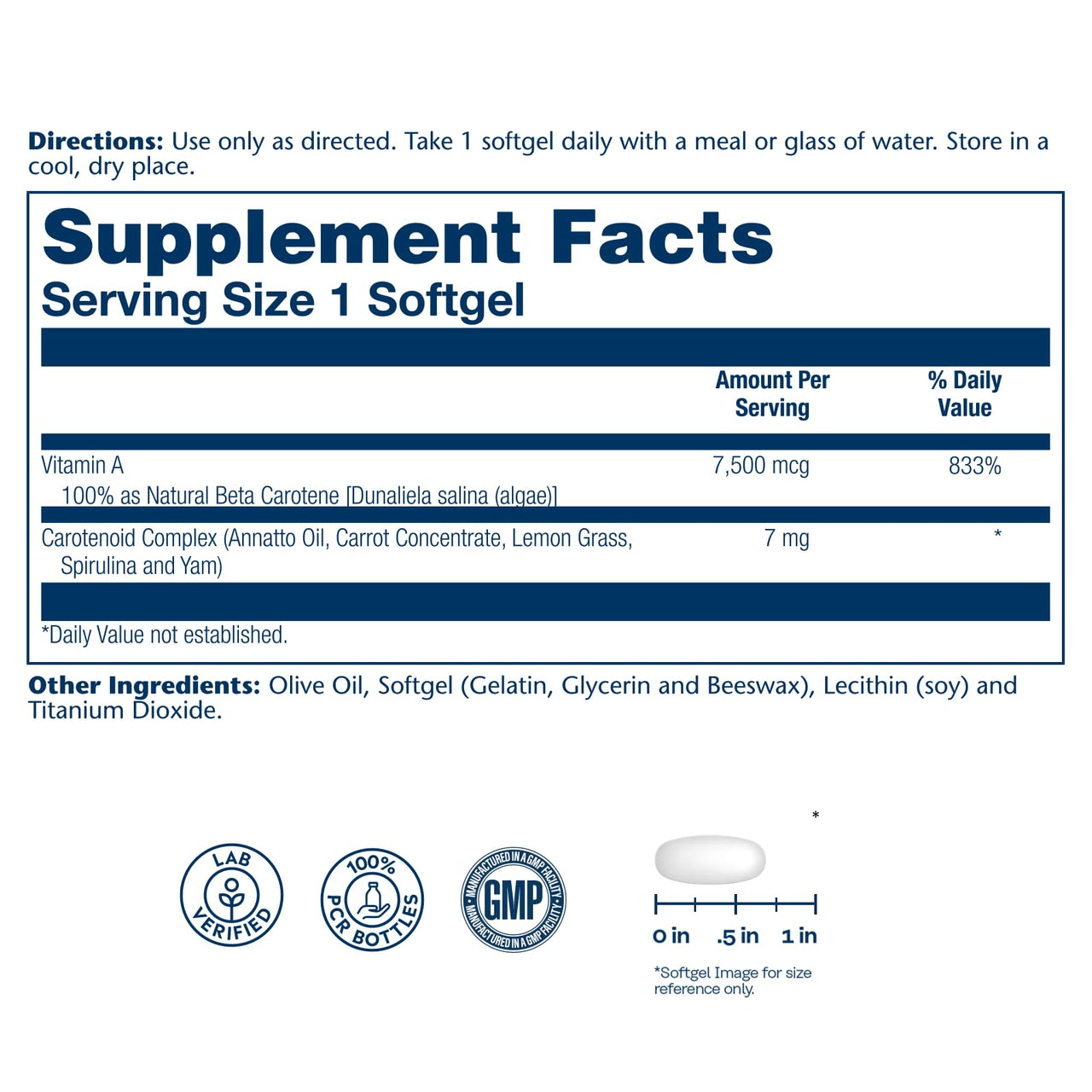 SOLARAY Food Carotene 7500mcg (25000 IU) - Beta Carotene Vitamin A Supplement - Wellness and Immune Support Supplement, Potent Eye Vitamins and Skin Food, Plant Sourced, 60-Day Guarantee, 50 Softgels
