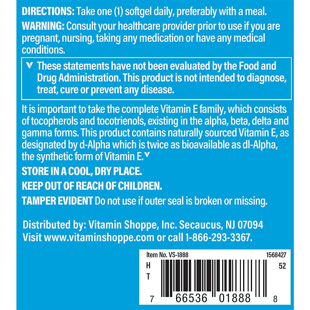 The Vitamin Shoppe Vitamin E 400 IU - Antioxidant Support for Skin Health & Immune Function, Daily Vitamin (120 Softgels)