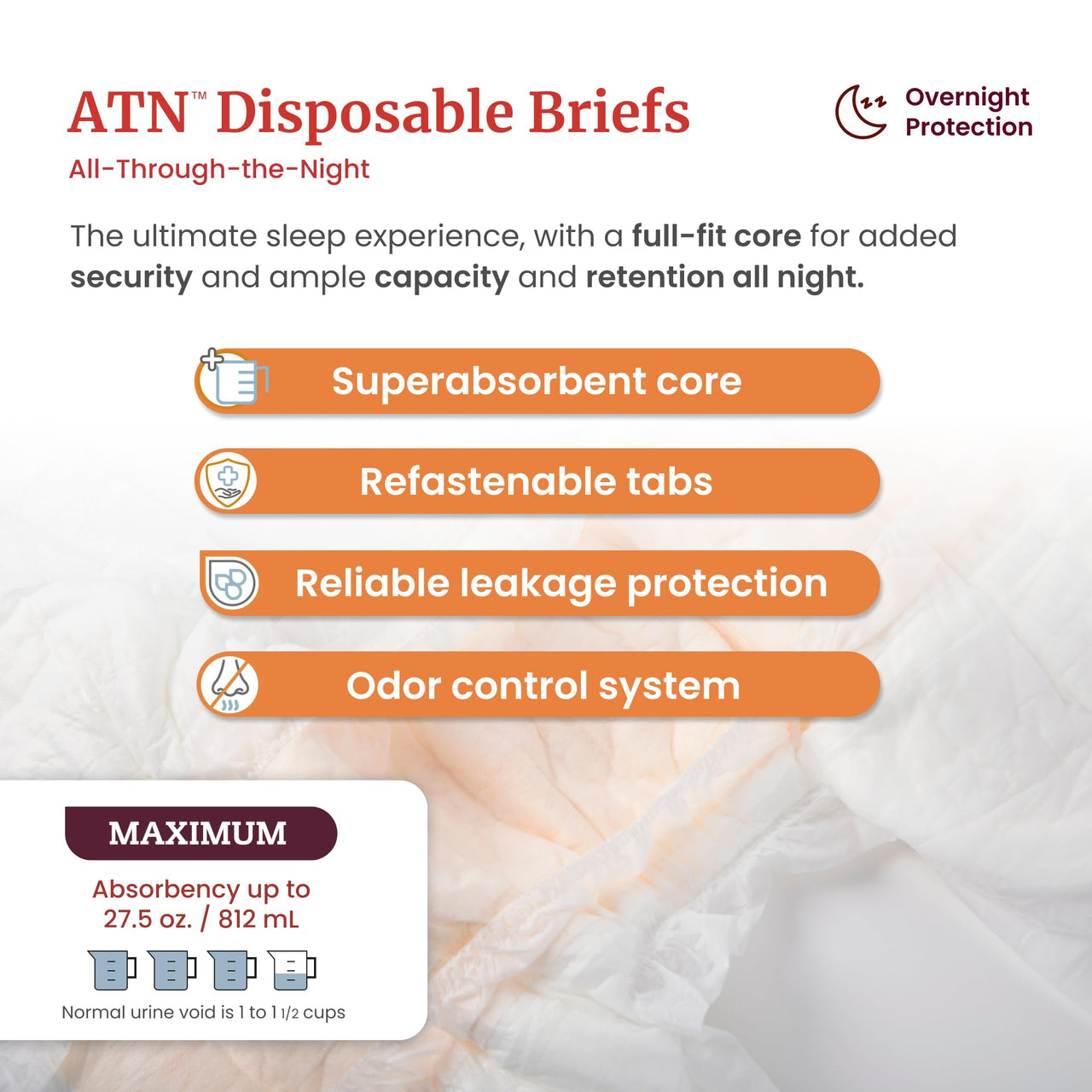 Tranquility Premium ATN Disposable Briefs with Tabs, Overnight Protection Superabsorbent Core for Leak-Free and Full-Fit Comfort, Medium 12ct Bag