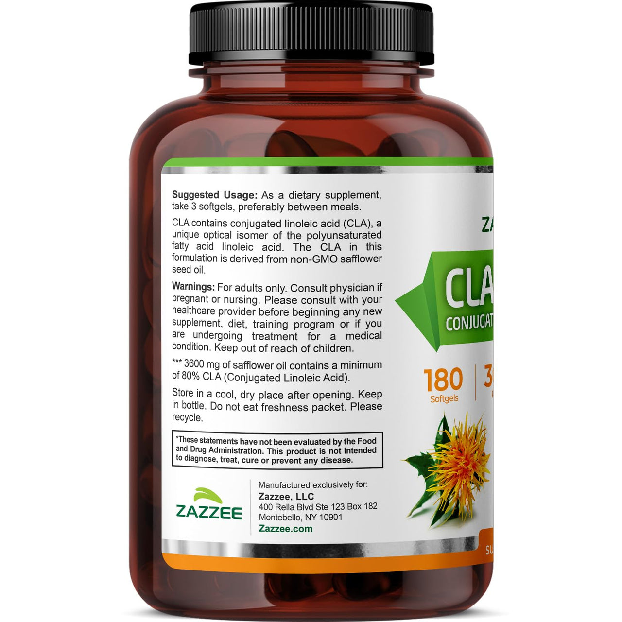 Zazzee High Potency CLA 3600, 180 Softgels, 3600 mg per Serving, Conjugated Linoleic Acid from Safflower Oil, Concentrated and Standardized, 60 Day Supply, Non-GMO and Made in The USA