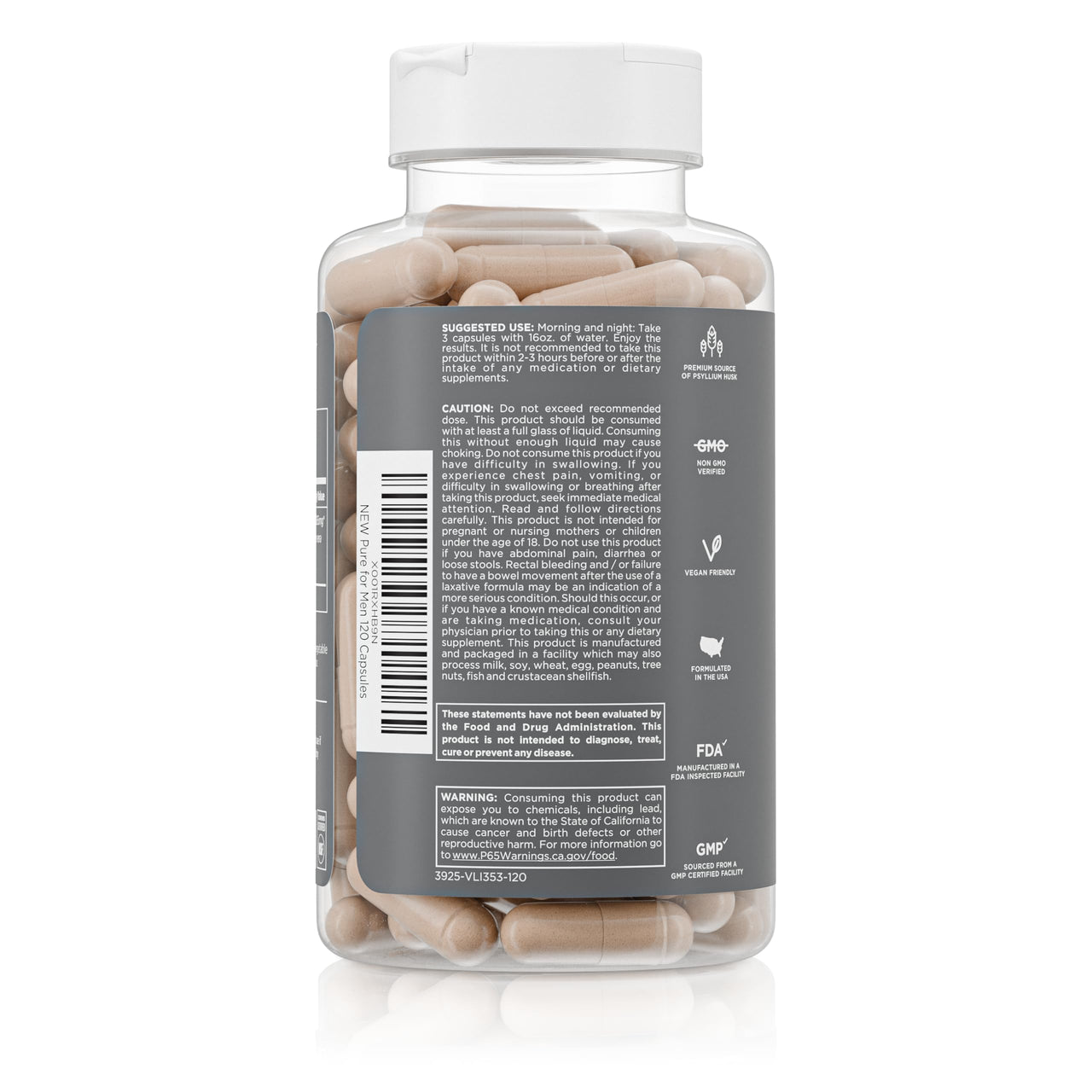 Pure for Men Original Vegan Cleanliness Stay Ready Fiber Supplement | Helps Promote Digestive Regularity | Psyllium Husk, Aloe Vera, Chia Seeds, Flaxseeds | Proprietary Formula | 120 Vegan Capsules