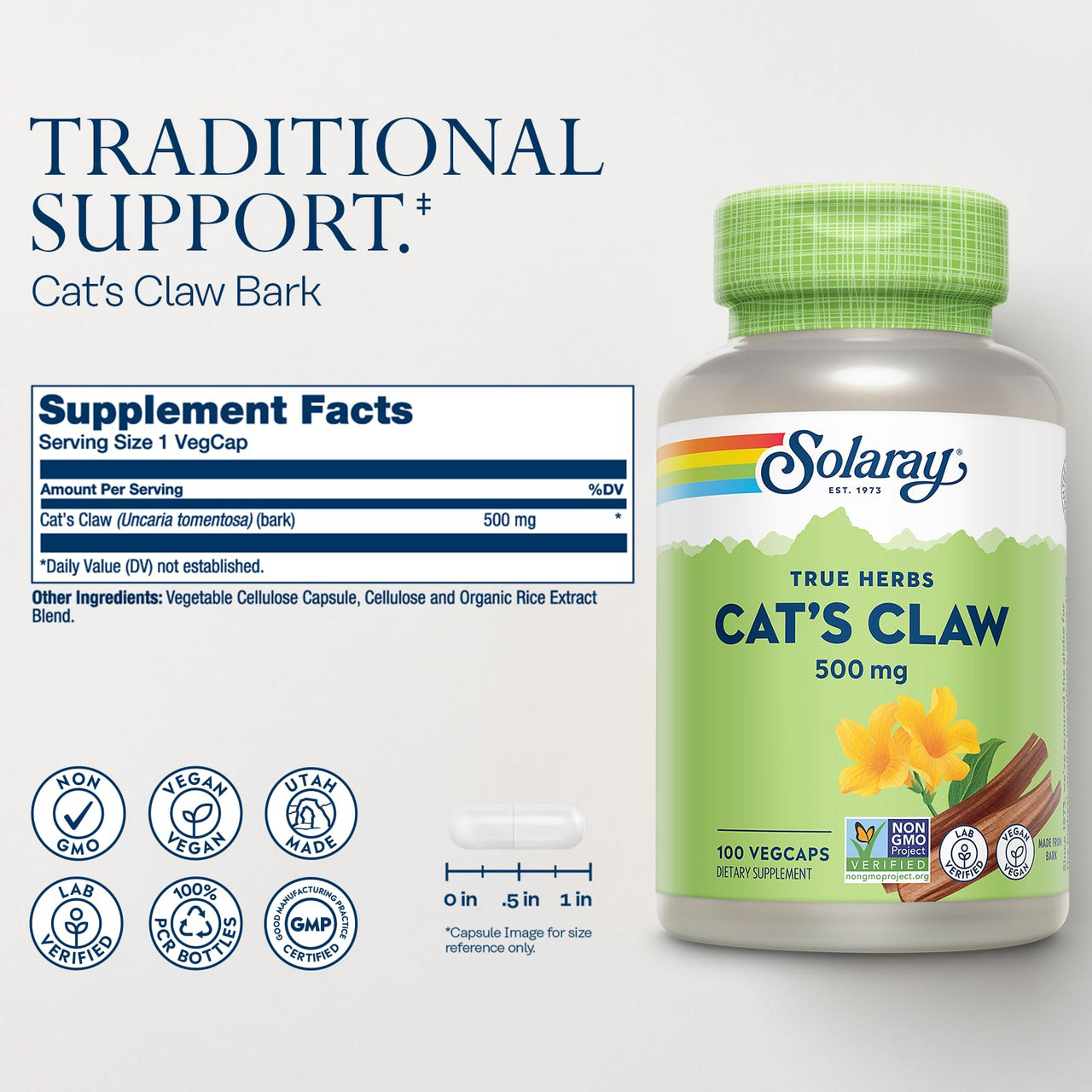 SOLARAY Cat's Claw Bark 500mg | Healthy Immune & Digestive System Function Support | May Help Protect Brain Function | Joint Health Support | 100ct