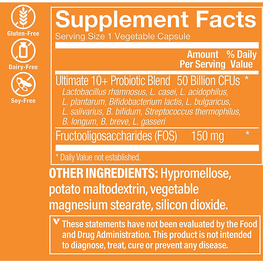 The Vitamin Shoppe Ultimate 10+ Probiotics 50 Billion CFU - 10 Probiotic Strains for Digestive Health, Immune & Gut Support (30 Vegetable Capsules)