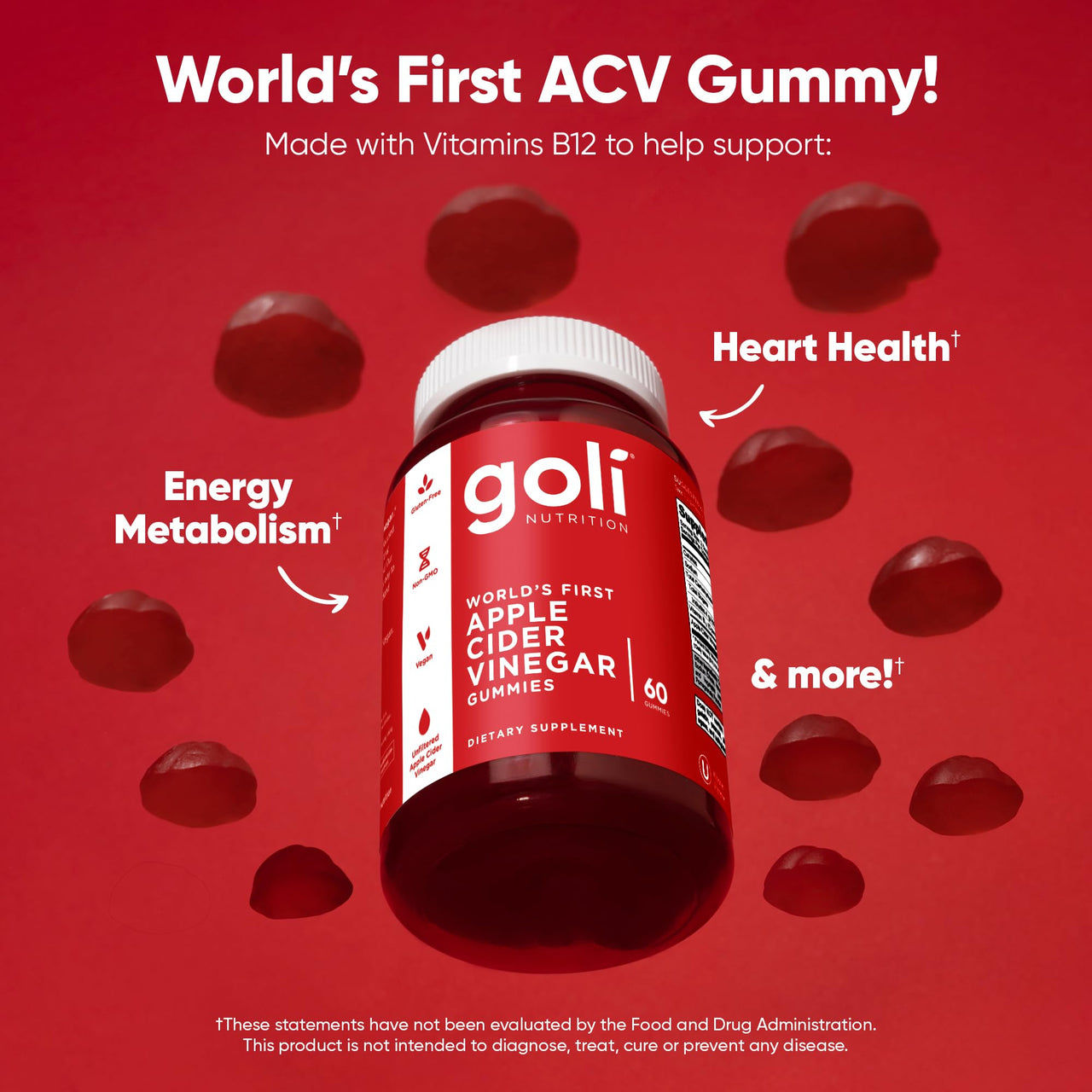 Goli Apple Cider Vinegar Gummies - Worlds First ACV Gummy with Vitamin B12, Beetroot & Pomegranate - Vegan, Non-GMO, Gluten-Free - 60 Count (Pack of 1)