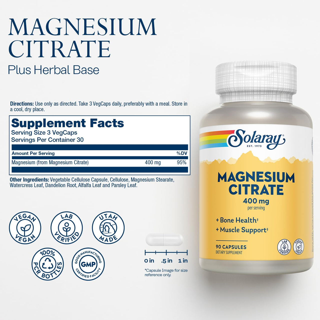Solaray Magnesium Citrate - Pure Magnesium Citrate Capsules, Supplement for Calm, Bone Health, Cellular Energy, Heart & Muscle Support, 400mg Per Serving - 90 Vegan Capsules