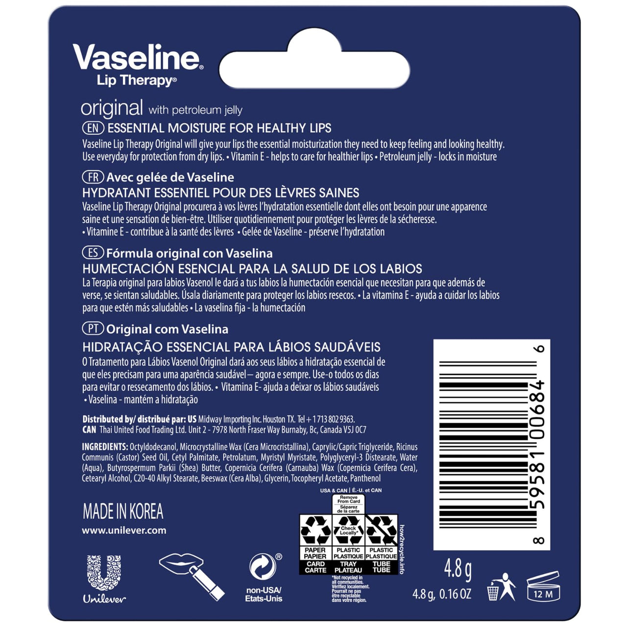 Vaseline Lip Therapy Original 12-Pack – Lip Moisturizer for Dry, Cracked Lips, 0.16 Oz Ea