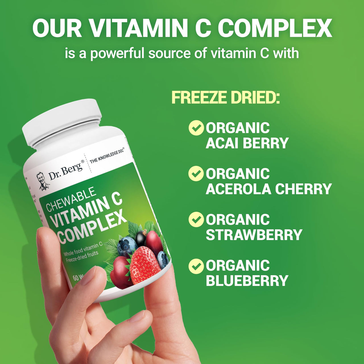 Dr. Berg Chewable Vitamin C Complex - Made with Organic, Non-GMO Berries - 60 Delicious Wafers