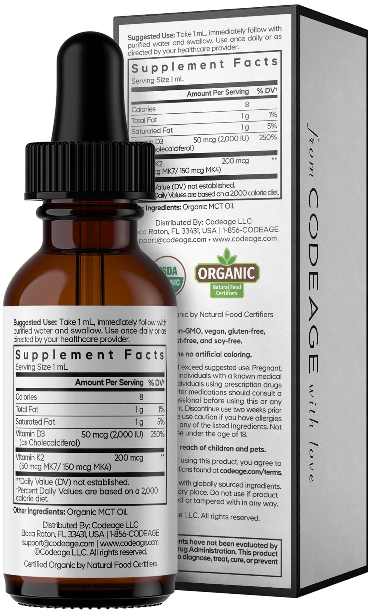 Codeage Liquid D3+K2 Vitamins USDA Organic - Vitamin D3 2000 IU, Vitamin K2 (MK4 & MK7) Liquid Drops - Immune Support - Unflavored - Organic MCT Oil - Non-GMO - 1 fl oz
