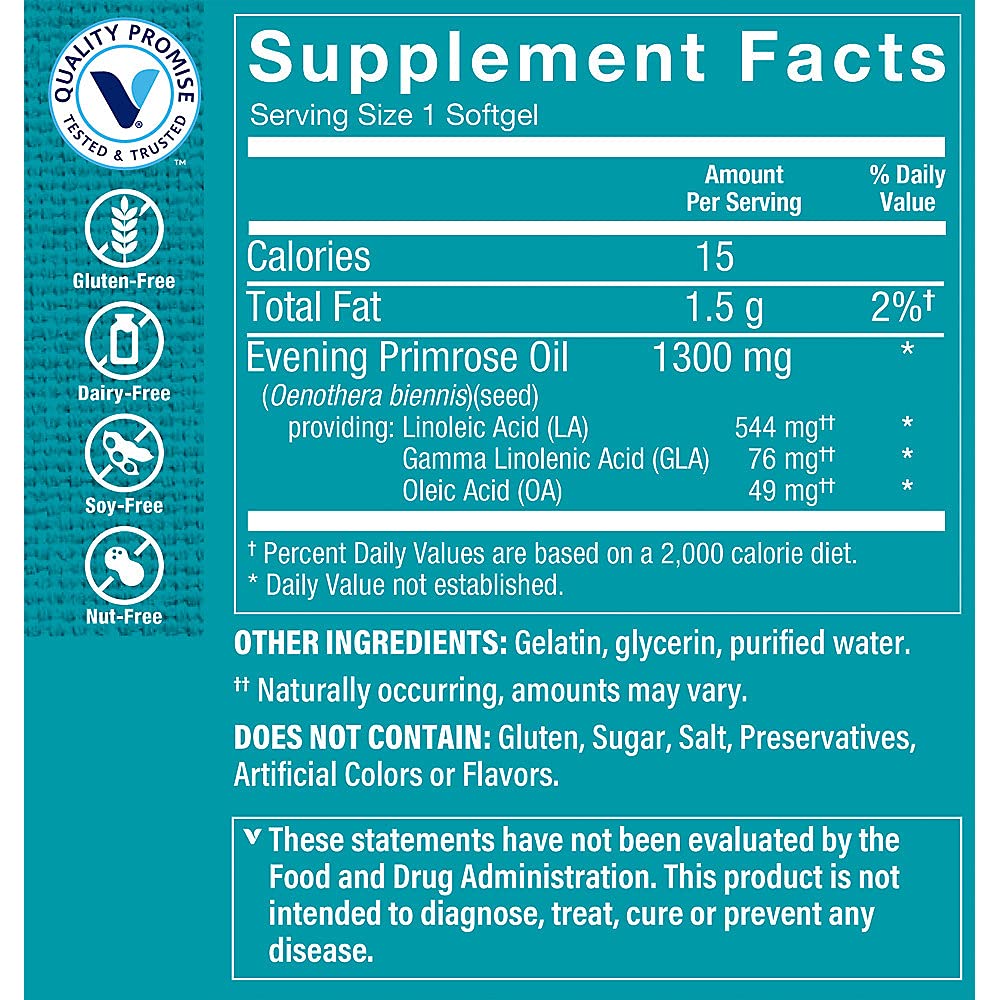 The Vitamin Shoppe Evening Primrose Oil 1,300MG, Natural Source of GLA (Gammia Linolenic Acid), Supplement for Women's Health & Hormonal Balance (240 Softgels)