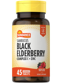 Thumbnail for Sundance Sambucus Black Elderberry Complex | with Vitamin C and Zinc | 45 Chewable Tablets | Berry Flavor | Vegetarian, Non-GMO, and Gluten Free Supplement