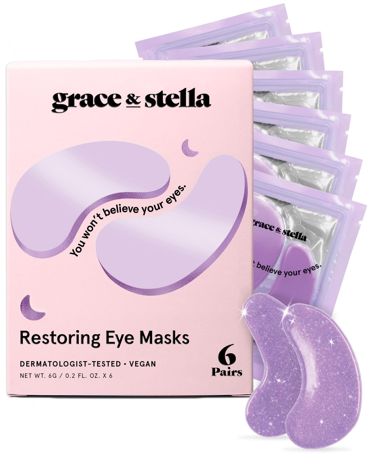 grace & stella Retinol Under Eye Patches for Puffy Eyes and Dark Circles, Restoring Gel Under Eye Masks with Hyaluronic Acid - Vegan Cruelty-Free Skincare - Gifts for Girlfriend (Purple, 6 Pairs)