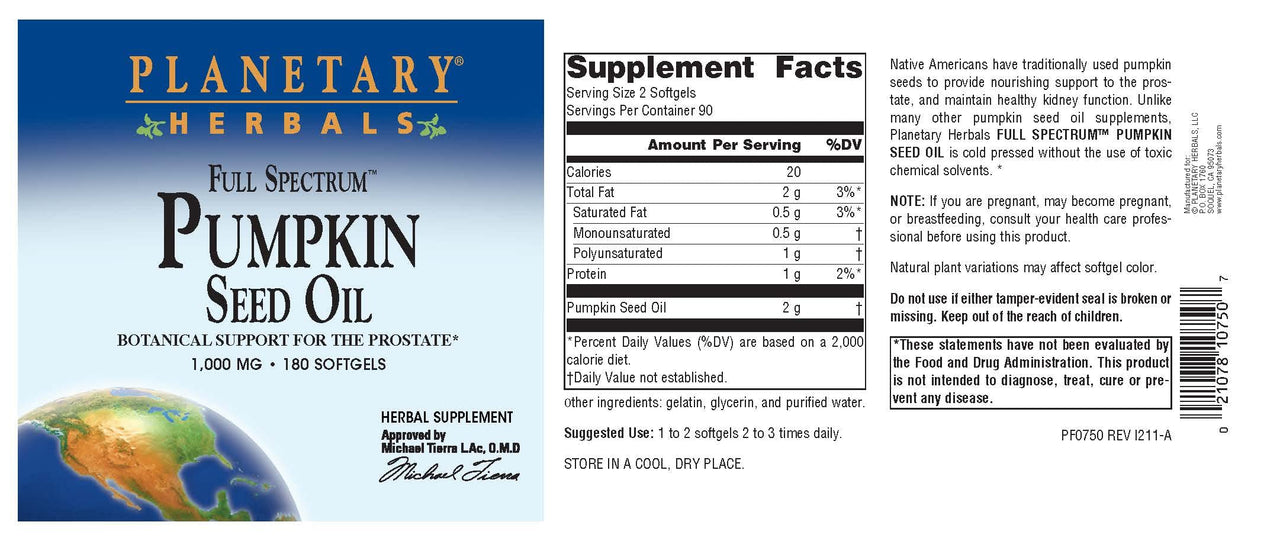 Planetary Herbals Full Spectrum Pumpkin Seed Oil, Botanical Support for The Prostate*, 1,000 mg - 180 Count