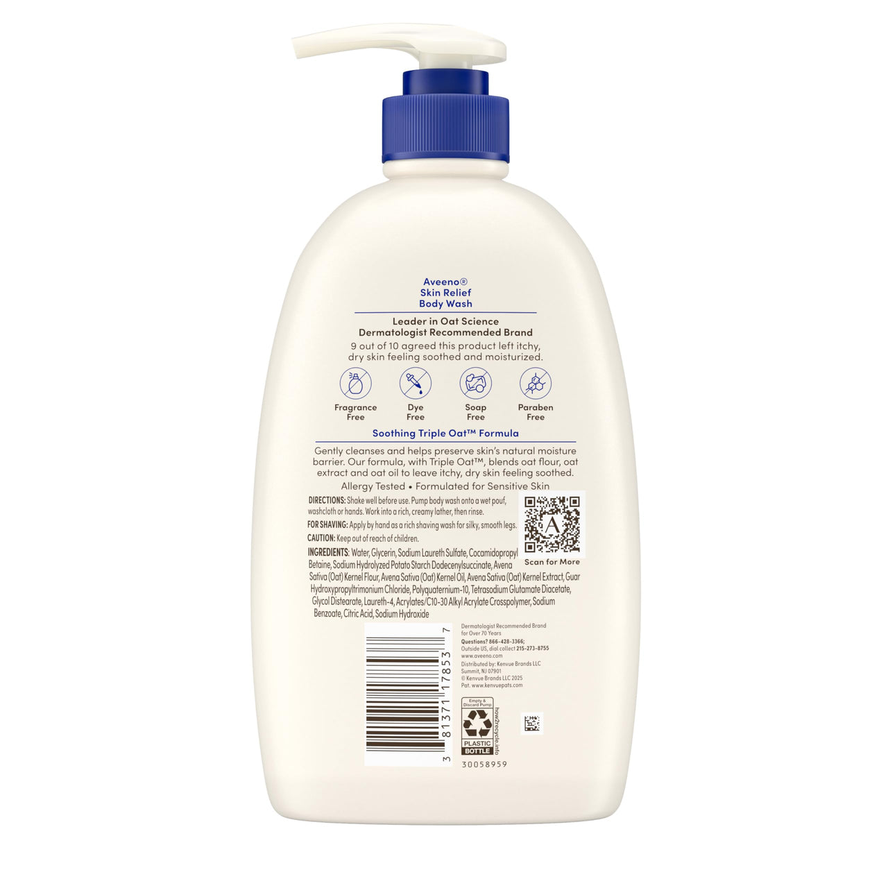 Aveeno Skin Relief Fragrance-Free Body Wash with Triple Oat® Complex, Gentle Daily Cleanser for Sensitive Skin Leaves Itchy, Dry Skin Feeling Soothed & Moisturized, 33 fl. oz