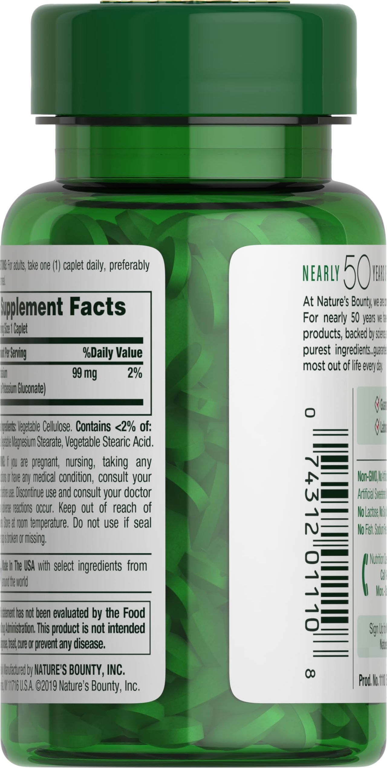 Nature's Bounty Potassium 99mg, Supports Fluid Balance and Muscle Activity, Involved in Normal Heart Function, Potassium Gluconate Dietary Supplement, Gluten Free, 1 Per Day, 100 Vegetarian Caplets