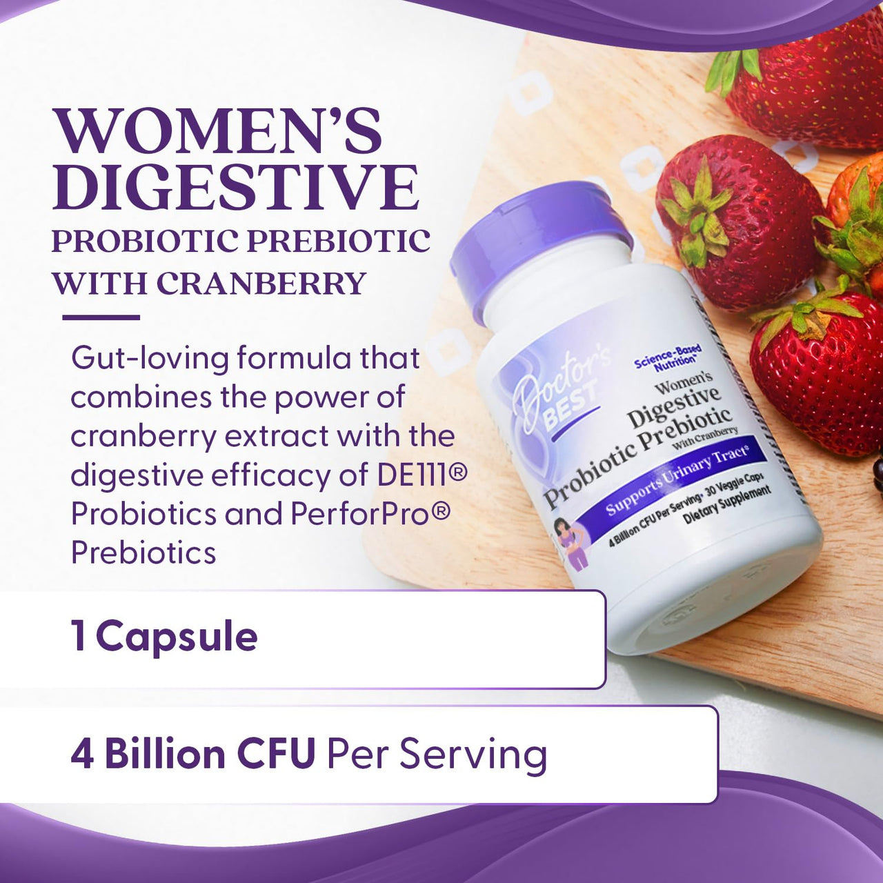 Doctor's BEST Womens Digestive Probiotic Prebiotic with Cranberry and PreforPro (4 Billion CFU), Supports Urinary Tract, Non-GMO, Vegan 30 Veggie Caps