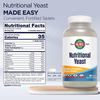 Thumbnail for KAL Nutritional Yeast Supplement, Fortified w/ B12, Biotin, Folic Acid, Other B Vitamins, Naturally Occurring Amino Acids, Healthy Hair, Skin & Energy Support, Vegan, Gluten Free, 83 Serv, 500 Tablets