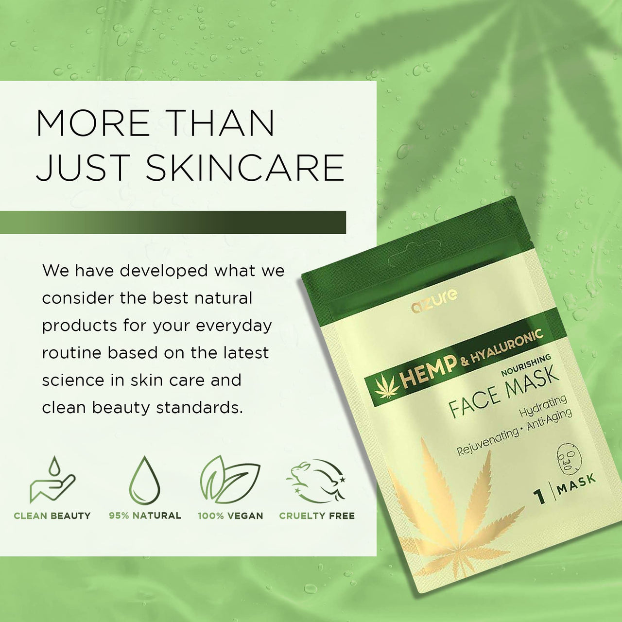 Azure Cosmetics Hemp Oil & Hyaluronic Acid Nourishing Facial Sheet - Anti Aging, Rejuvenating & Deeply Hydrating Mask - Reduces Fine Lines & Wrinkles, Locks in Moisture - Korean Skin Care - Pack of 5