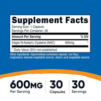 Thumbnail for Nutricost N-Acetyl L-Cysteine (NAC) 600mg, 30 Vegan Capsules - GMO Free, Gluten Free, Vegetarian Caps