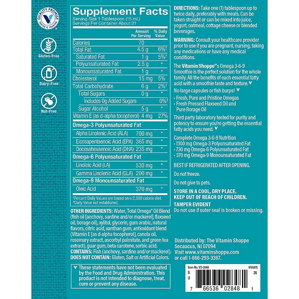 The Vitamin Shoppe Omega 3-6-9 Smoothie - Complete EFA Formula | Orange Cream Flavor Liquid | 16 oz | Heart & Brain Health