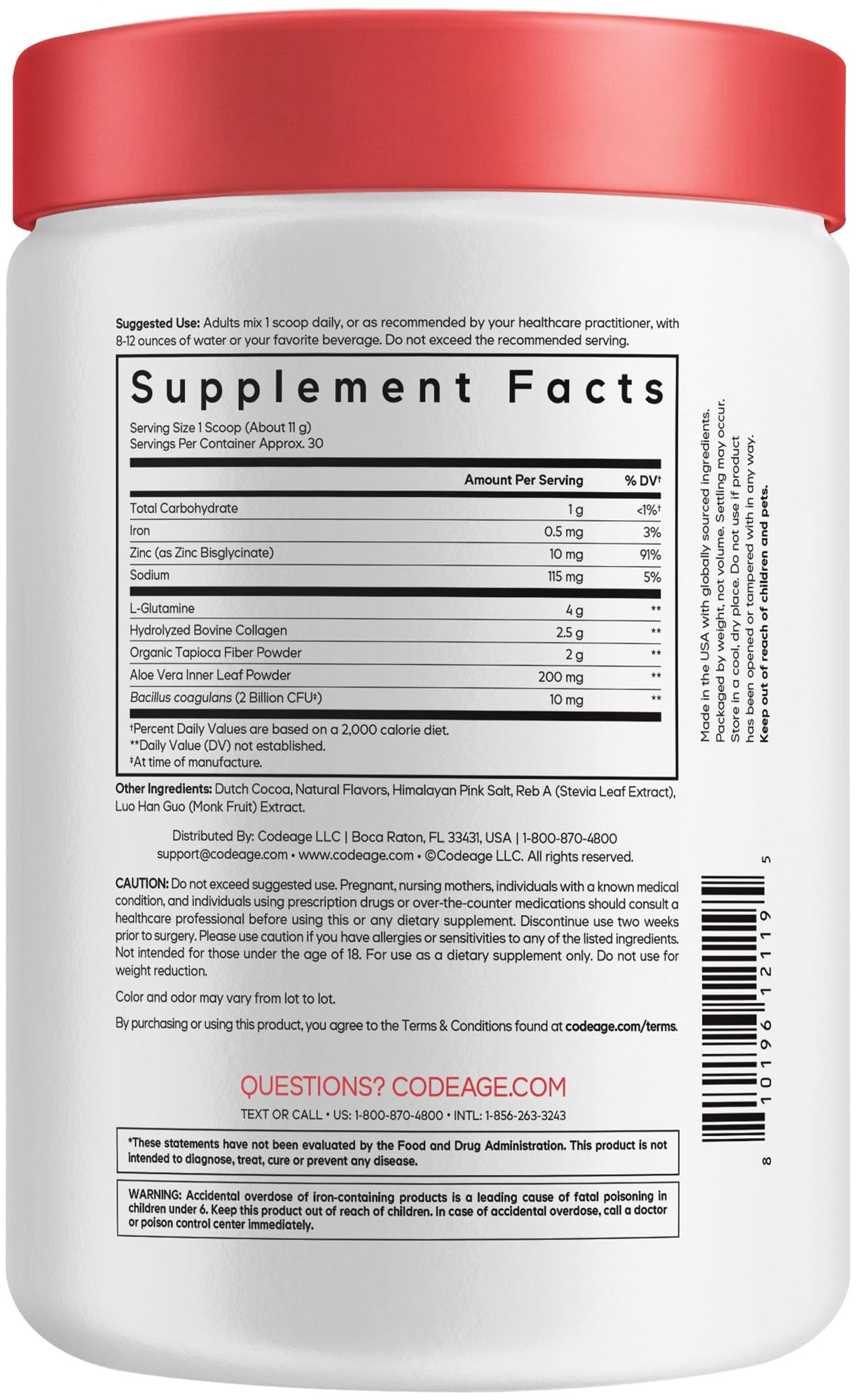 Codeage Gut Muscle Formula - L-Glutamine, Hydrolyzed Collagen, Prebiotic Fiber, Aloe Vera, Probiotics, Zinc - Sports Nutrition Supplement, Chocolate Brownie Flavored-Powder - Non-GMO - 11.7 oz