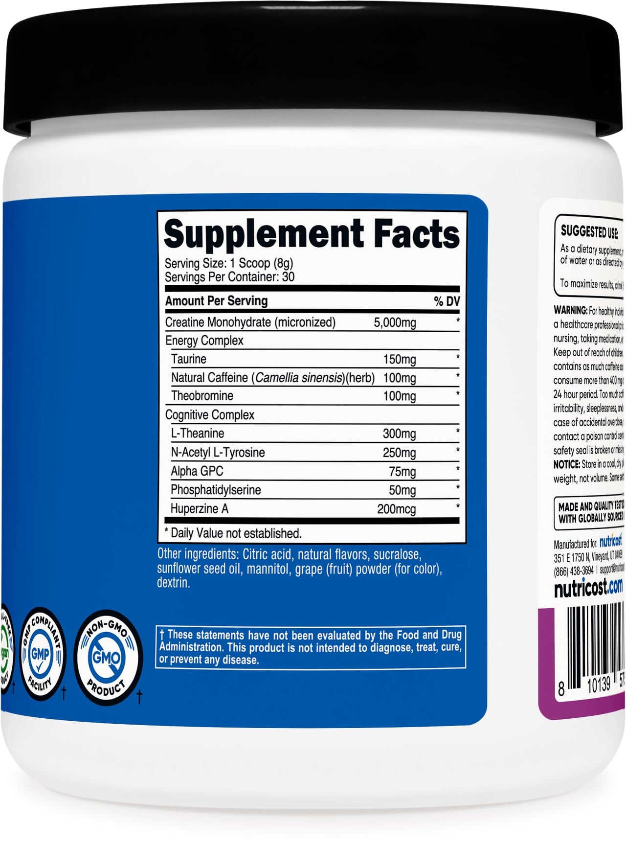 Nutricost Creatine + Energy 30 Servings (Grape Flavored) - 5,000mg Creatine Monohydrate + 350mg Energy Complex Per Serving
