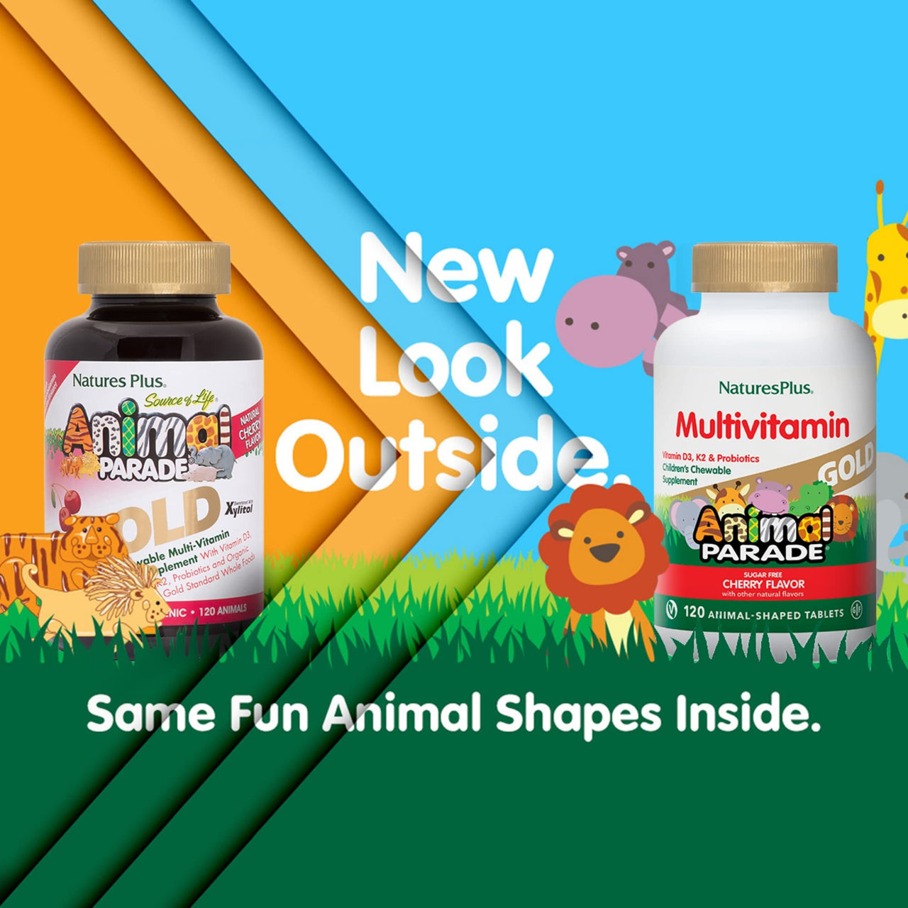 NaturesPlus Animal Parade Gold Children's Chewable Multivitamin - Natural Cherry Flavor - 120 Animal Shaped-Tablets - with Vitamin D3, K2 & Probiotics - Vegetarian & Gluten Free - 60 Servings.