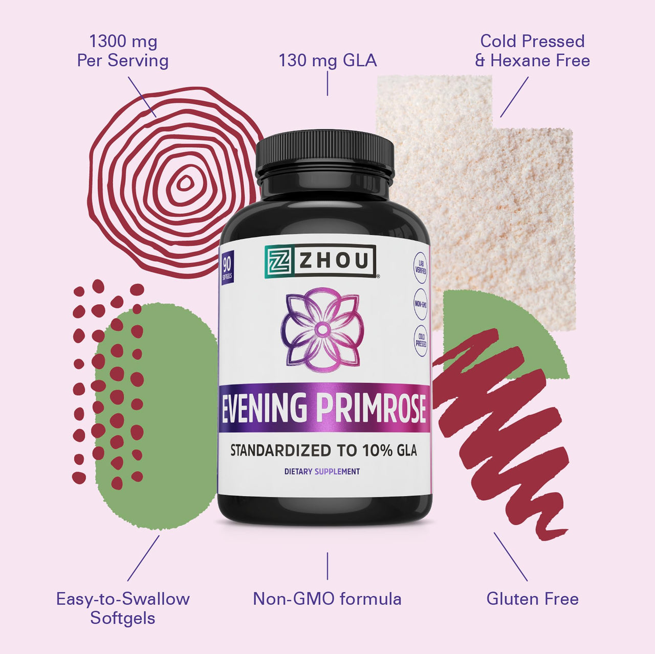 Zhou Nutrition Evening Primrose Oil Capsules- Supports Hormone Balance for Women, PMS & Menopause Support, Cold Pressed & Hexane Free - 1400mg 10% Gla