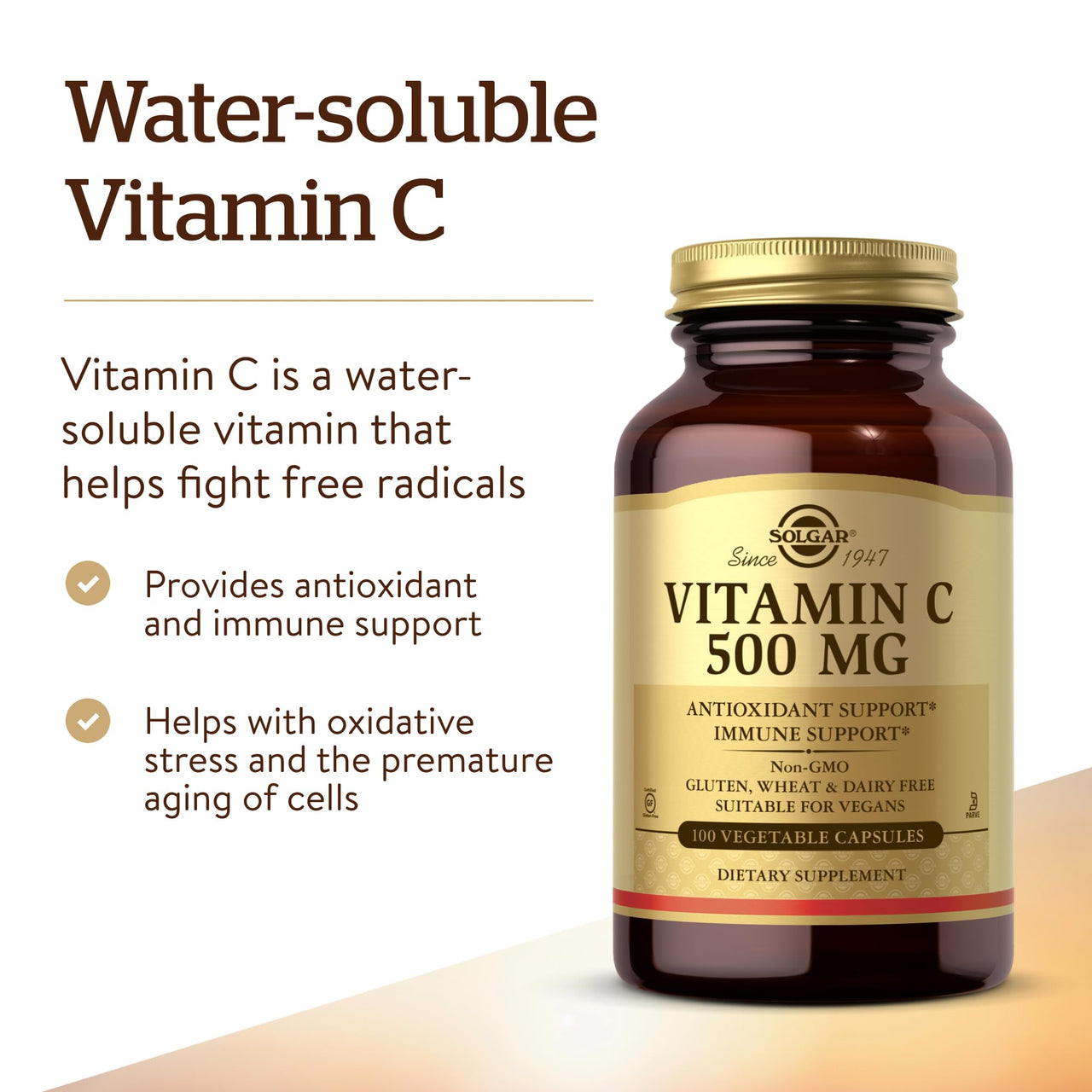 Solgar Vitamin C 500 mg, 100 Vegetable Capsules - Antioxidant & Immune Support - Overall Health - Supports Healthy Skin & Joints - Non GMO, Vegan, Gluten Free, Kosher - 100 Servings