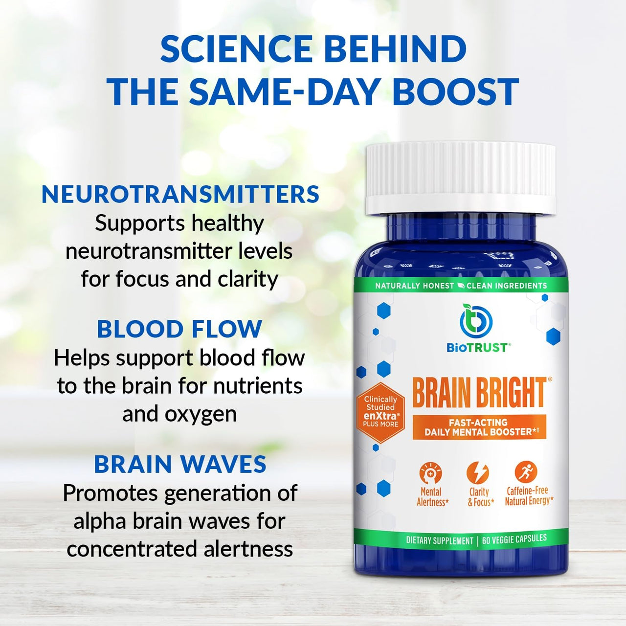 BioTrust Brain Bright - Daily Nootropic Boost for Focus, Concentration, Mental Clarity - Caffeine Free Nootropics Brain Support Supplement - Thai Ginger, Ginkgo, Folate, L-Theanine - 30 Servings