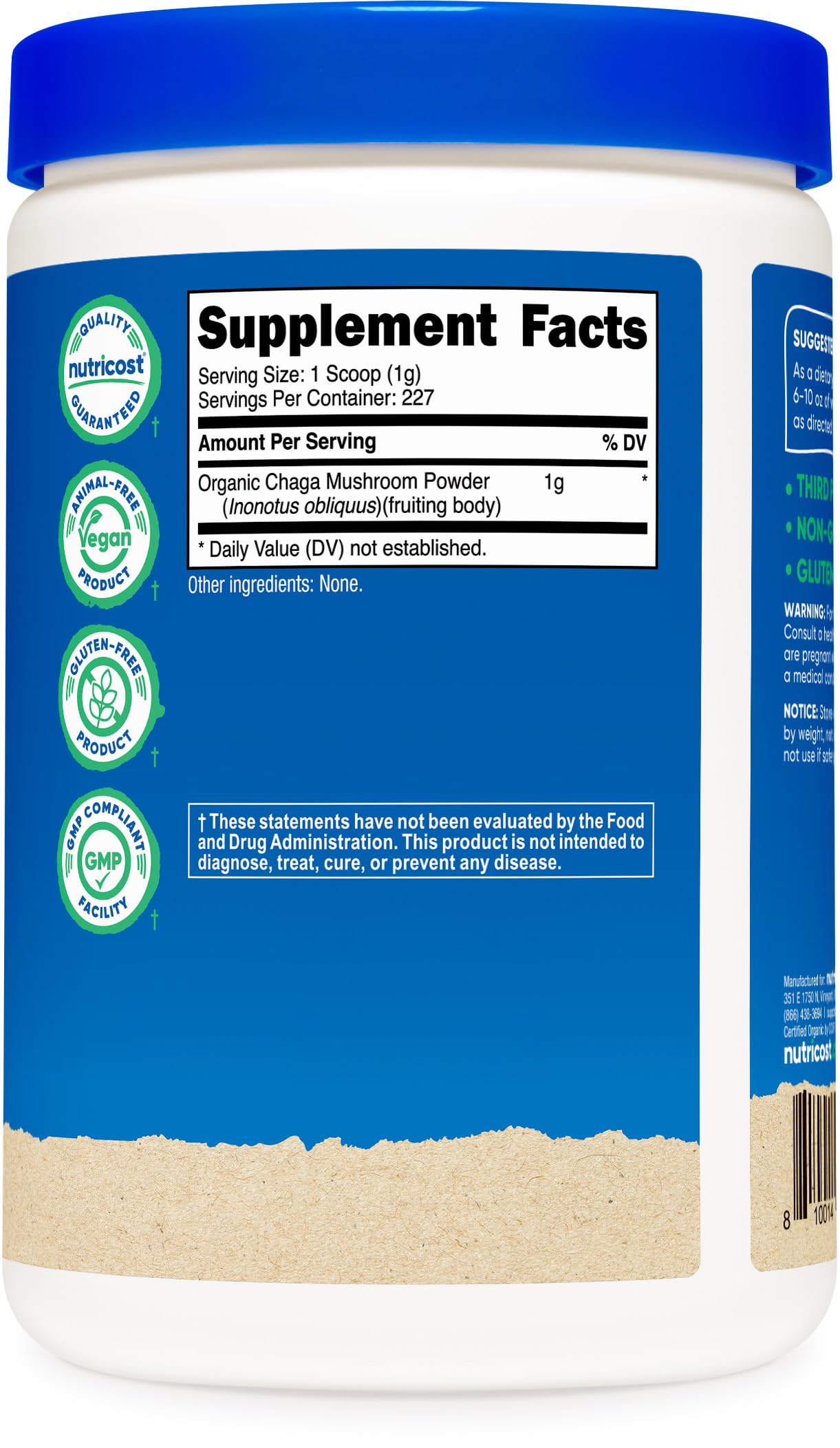Nutricost 100% Organic Chaga Mushroom Powder 8oz (227 Servings) - Certified USDA Organic, Gluten Free & Non-GMO