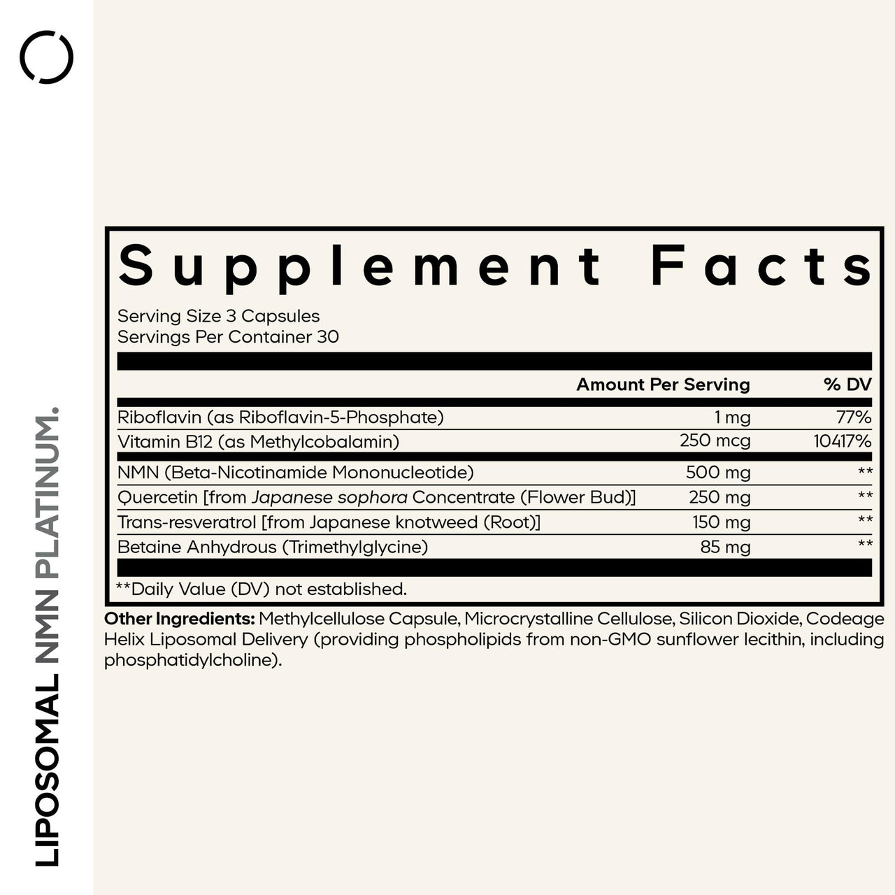 Codeage Liposomal NMN Platinum - 500 mg NMN Supplement, Nicotinamide Mononucleotide, NAD Precursor - Quercetin, Resveratrol, Betaine TMG, Vitamin B2 Riboflavin & Vitamin B12 - Non-GMO - 90 Capsules
